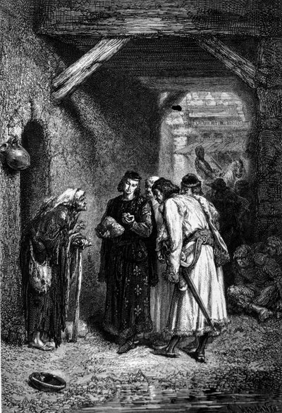 Kong Louis IX eller Saint Louis (1214 - 1270) undersøker brødet til fattige mennesker og finner ut at det er tørt. av Unknown artist