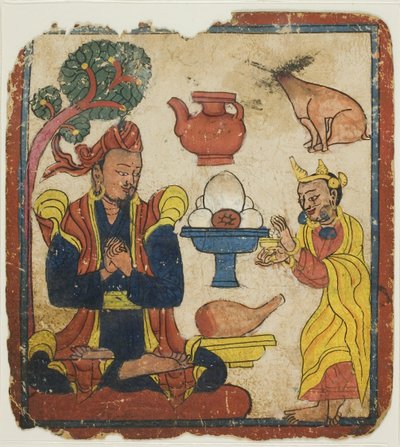 Kong Mangkur næret av dronning Devika, fra et sett med innvielseskort (Tsakali) av Unknown artist