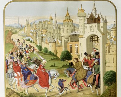 "" Kongen av Frankrike Charles IV fikk besøk av sin søster, dronningen av England Isabella av Frankrike (1292-1358), kona til Edward II, som kom for å søke tilflukt "" Ifølge kronikkene til Jean Froissart. Barcelona fra 1800-tallet. Sant Jordi Catalan Roya av Unknown artist