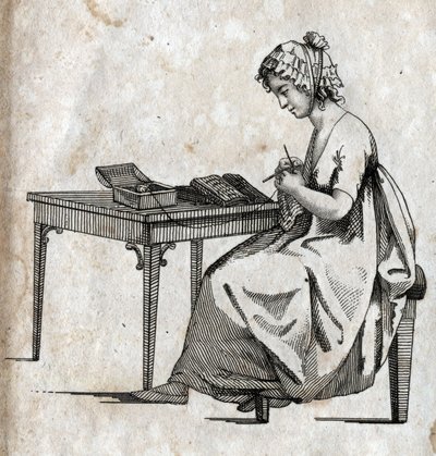 Knitting machine: woman busy knitting wool (knitting) Engraving late 18th century. Private collection. av Unknown artist
