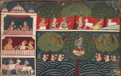 Krishna stjeler klærne til melkepikene og utdyper trærnes dyd, fra en Braj Bhagavata Purana av Unknown artist