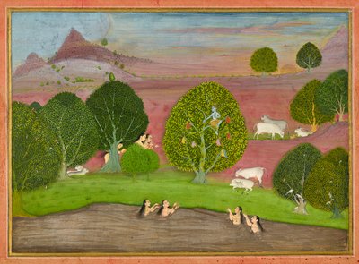 Krishna stjeler klærne til gopiene, folio fra en <em>Bhagavata Purana</em> av Unknown artist
