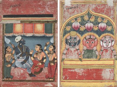 Krishna med Radha og Two Attendants (recto); Jagannath, Subhadra og Balarama i en bue (verso) av Unknown artist