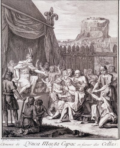 Inca Mayta Capac til fordel for Collas - i ""Historisk reise i Sør-Amerika laget på ordre fra kongen av Spania"" av Don Georges Juan & Don Antoine de Ulloa, T.II, red. Jombert, King