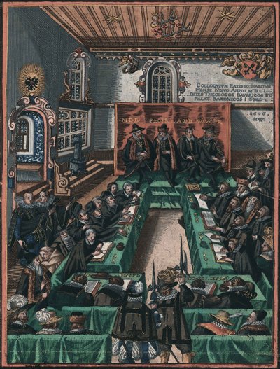 La conference religieuse de Ratisbonne en 1601 - The Regensburg Religious Colloquy of 1601, Anonymous . Kobberstikk, akvarell, ca. 1605. Historisches Museum der Stadt Regensburg av Unknown artist