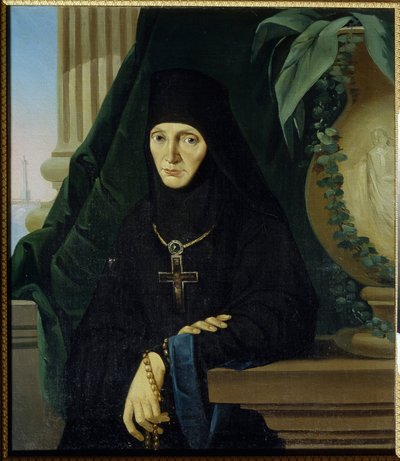 La mere superieure Maria (Margarita Tuchkova) (Mor Superior Maria (Tuchkova). Higoumene (hegoumene) fra det ortodokse klosteret Spaso Borodinsky, i 1812, under invasjonen av Napoleons Grande Armee (1769-1821). Anonymt maleri, olje på lerret , vers av Unknown artist