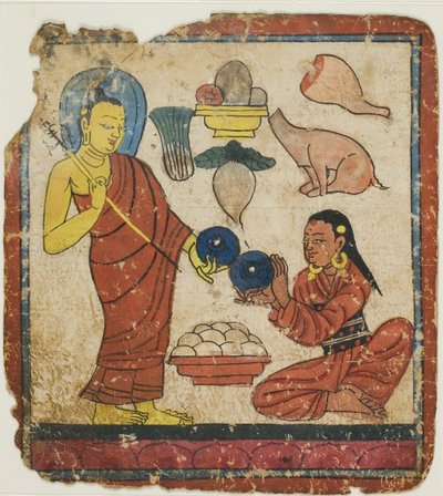 Dame som tilbyr mat til en munk, fra et sett med innvielseskort (Tsakali) av Unknown artist