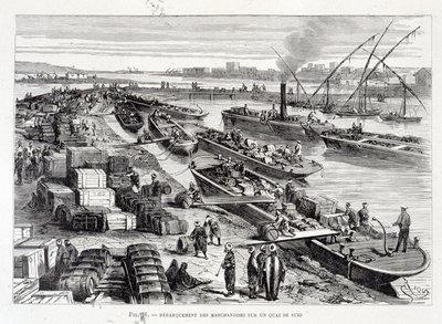 Landing av varer på en brygge i Suez-kanalen av Unknown artist