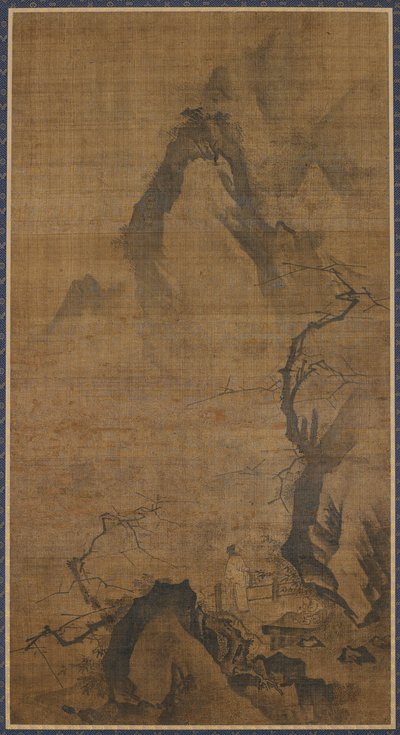 Landskap: fjell og vann; en figur under et plommetre av Unknown artist