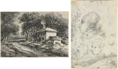 Landskap med hytte (recto); Studier av hoder (verso) av Unknown artist