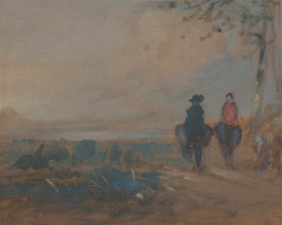 Landskap med innsjø og to figurer som rir av Unknown artist