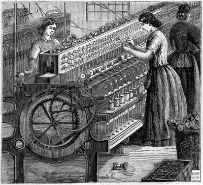 Store engelske industrier: Walter Evans bomullsspinning i England i 1863. Vridningen av ledningen. av Unknown artist