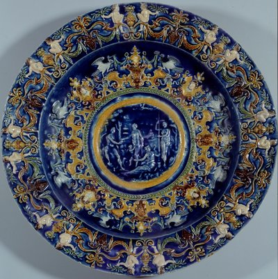 Stort polykromt fajansefat med en representasjon av dommen i Paris. 1550-1600 av Unknown artist