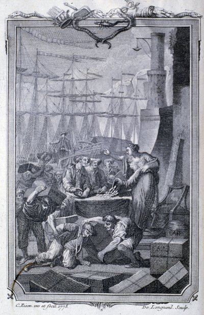 Handel med koloniene (inkludert kaffe) - i ""Philosophy and politics of European establishments and trade with the two Indias"" av G.T. Raynal, red. Pellet, Genève av Unknown artist