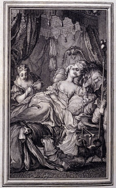 Den lille hunden som skyter penger og steiner- i "Fortellinger og noveller på vers" av Jean La Fontaine. 1762. av Unknown artist