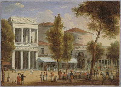Théâtre des Variétés og Passage des Panoramas, Boulevard Montmartre, ca. 1825, ca. 1825 (olje på kort) av Unknown artist