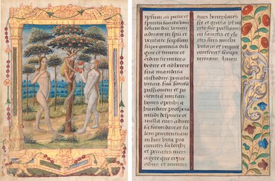 Blad fra en timebok: Adam og Eva og menneskets fall (Prefatory Miniature to the Office of the Virgin) (recto) og tekst med illustrert kant (verso) (1 av 3 utskårne blader) av Unknown artist