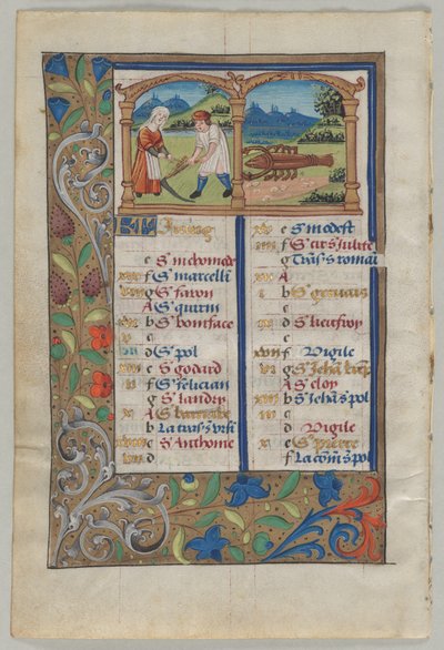 Blad fra en timebok: Kalenderside for juni (verso) av Unknown artist