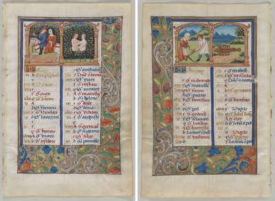 Blad fra en timebok: Kalenderside for mai (recto) og kalenderside for juni (verso) (2 av 3 utskårne blader) av Unknown artist