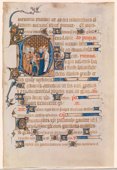 Blad fra en timebok med en historisk initial D som viser Kristus før Pilatus av Unknown artist