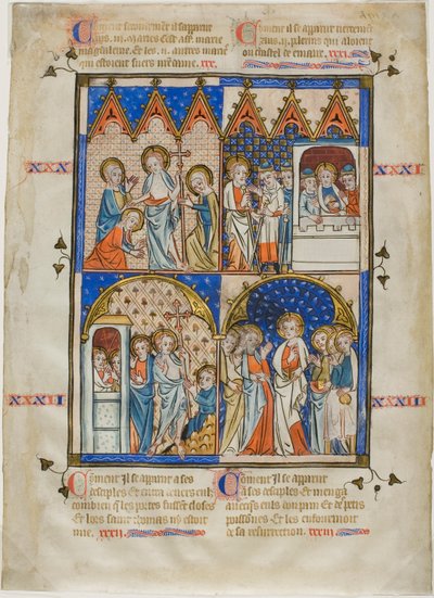 Blad fra en bildesyklus: Kristus viser seg for de tre Mariaene, Kristus og pilegrimene på veien til Emmaus, den tvilende Tomas og Kristus viser seg for apostlene av Unknown artist