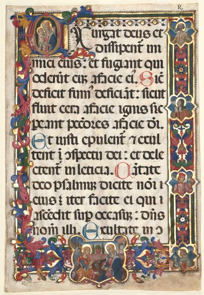 Blad fra en psalter med full kant med medaljonger (Bebudelse, SS. Jerome, Clare, Sebastian og Bernardino) og historisk initial (E): Jomfru og barn av Unknown artist