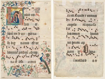 Blad fra et antifonarium: Initial H med fødselen (recto) og tekst (verso) av Unknown artist