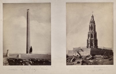 Venstre: [Ashoka-søylen flyttet til sin nåværende posisjon av Feroz Shah]. Høyre: Minnemonument over de britiske soldatene i 1859 av Unknown artist