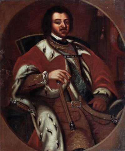 Den russiske keiseren Peter I (den store) (1672-1725) på sin trone (keiser Peter I på tronen). Anonymt maleri. Olje på lerret, tidlig 1700-tall. Statens kunstmuseum, Yaroslavi (Russland). av Unknown artist