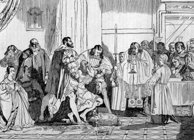 Leonardo da Vinci (Leonard de Vinci) døde i armene til Francois I (1494 - 1547) i 1519 ved Clos Luce. gravering. av Unknown artist