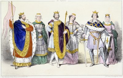 Kapetianerne: Louis VI Le Gros (1081-1137) og Adelaide av Savoy (ca. 1100-1154), Louis VII Le Jeune (1120-1180) og Adele av Champagne (eller Blois) (ca. 1140-1206), Philippe II dit Philippe Auguste (1165-1223) og Isabelle de Hainaut (1170-1190) - Plate fr av Unknown artist
