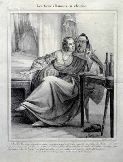 Les grands hommes en chemise Representasjon av forfatteren Honore de Balzac (1799-1850) som omslutter en ung kvinne mens hun røyker en sigarett. Illustrasjon av E. Allet (1800-tallet) Paris, Maison Balzac av Unknown artist