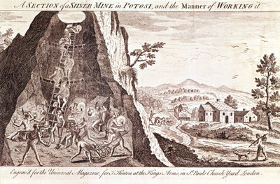 Sølvgruvene i Potosi, Bolivia. 1800-talls gravering. av Unknown artist