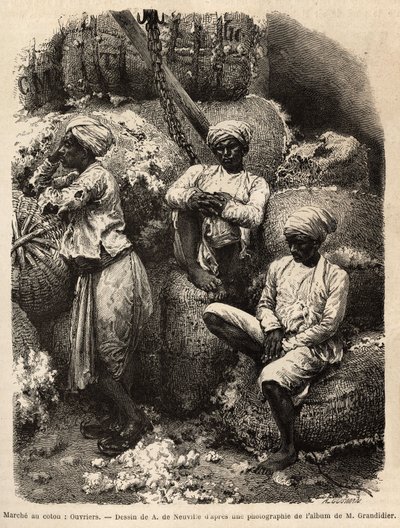 Parsi-arbeiderne i ro, på bomullsmarkedet i Bombay. av Edouard Charton, utgave Hachet av Unknown artist