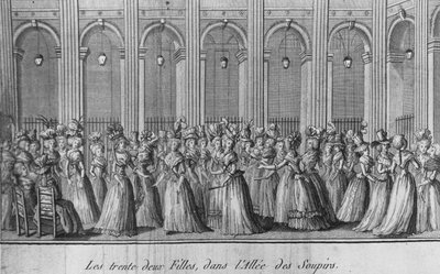 De trettito jentene i sipirenes midtgang - i «Les filles du Palais Royal»», frontispice, bind I, red. London av Unknown artist