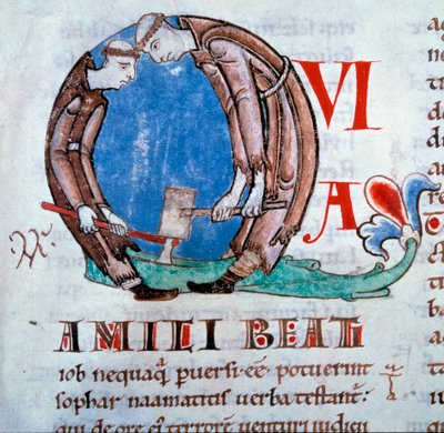 Lettrine Q"" som representerer de nedlatende munkene (munkene trekuene)"" Miniatyr hentet fra "Moralia i Job"" (eller kommentarer fra Jobs bok) av St. Gregoire I sa den store eller dialogen (532-604), Folio 59 av bind III, begynnelsen av 1100-tallet av Unknown artist