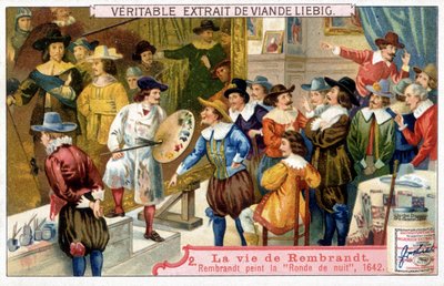 Liebig-kromolitografi om livet til Rembrandt (1606 - 1669), nederlandsk maler. Her nattrunden i 1642. av Unknown artist