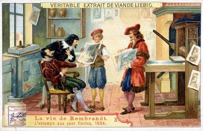 Liebig-kromolitografi om livet til Rembrandt (1606 - 1669), nederlandsk maler. Dette er trykket på 100 gylden i 1654. av Unknown artist