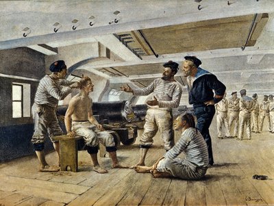Livet ombord på et fransk krigsskip: skipsbarberen barberer sjømennene, ca. 1800 av Unknown artist