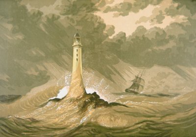 Fyr med seilskip av Unknown artist