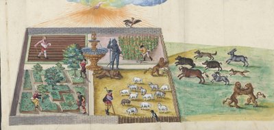L'irruption des betes sauvages lutheriennes dans la vigne du seigneur - Innbruddet av de ville lutherske dyrene inn i Herrens vingård. Fra ""Thesaurus picturarum"", Anonym . Akvarell på papir av Unknown artist