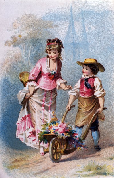 Liten gartner: en ung gutt med en trillebår full av blomster snakker med en ung kvinne på vei til en landsby. kromolitografi 1880. av Unknown artist