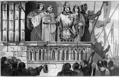 Louis VII (1120-80) den unge hever støtte for det andre korstoget i 1144 - Ludvig VII foretar det andre korstoget etter råd fra Saint Bernard de Clairvaux (San Bernardo di Chiaravalle) - Gravering 1825 i "Histoire de France representert ved synoptisk av Unknown artist