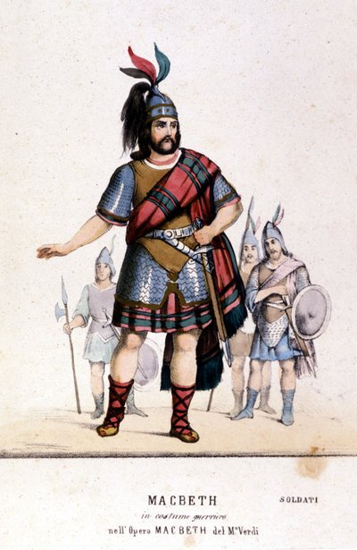 Macbeth-karakter i krigerkostyme i operaen med samme navn av Giuseppe Verdi (1813 - 1901) etter arbeidet til William Shakespeare. 1847. Gravering. av Unknown artist