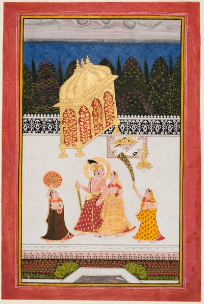 Maharana Ari Singh II av Mewar (f. 1761–73) med sin kone på en terrasse av Unknown artist