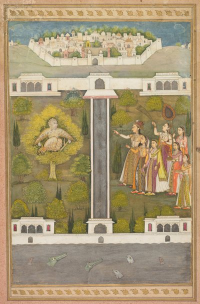 Mahliqa, datter av keiseren av Kina, peker på fuglemannen Khwaja Mubarak: Et blad fra en poetisk romanse knyttet til Shah Alam I (verso); Stensilerte scener av løve og gaselle (verso) av Unknown artist