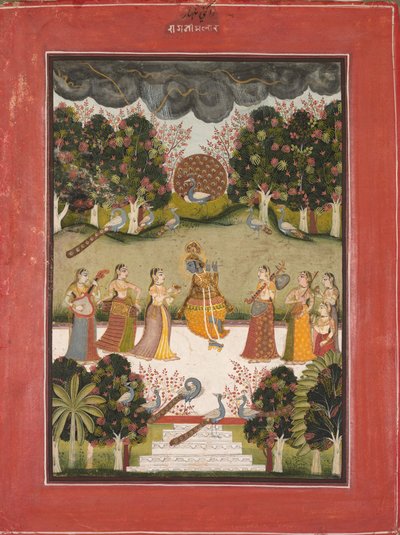 Malar Ragini: Krishna Playing the Flute to Seven Gopis Holding Musical Instruments, fra Ragamala-serien av Unknown artist