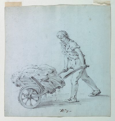 Mann som skyver en trillebår, mulig skisse for en øy for en bomullsutskrift av Unknown artist
