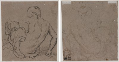 Mann som sitter på bakken, sett bakfra (recto); Skisse (verso) av Unknown artist
