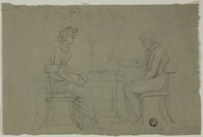 Mann og kvinne sitter ved bordet av Unknown artist